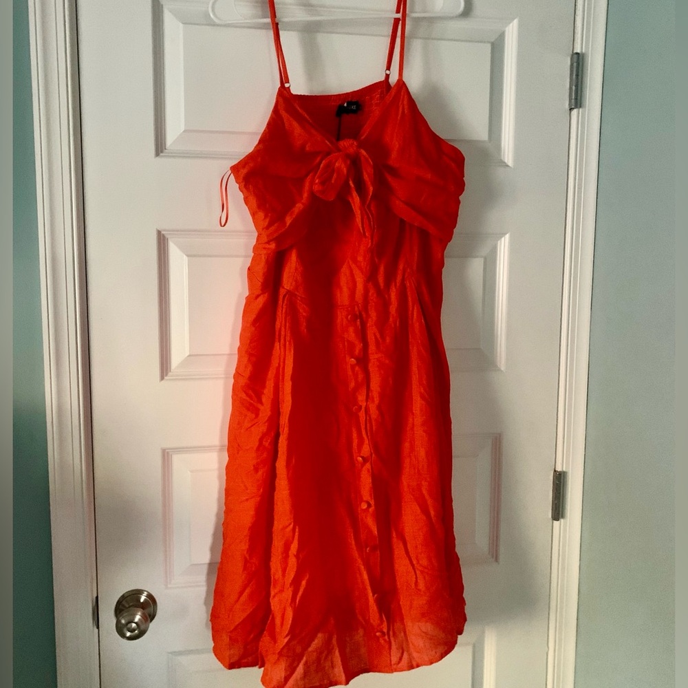 Red-Orange Tie-Front Dress with Buttons